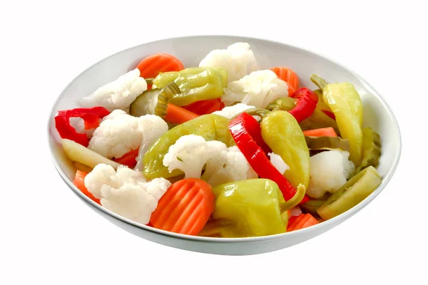 Assorted Pickled Vegetables Bowl Plate Clipping Path — Stock Photo, Image