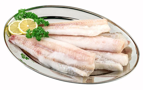 Filetes Congelados Pescado Placa Bandeja Inox Ruta Recorte — Foto de Stock