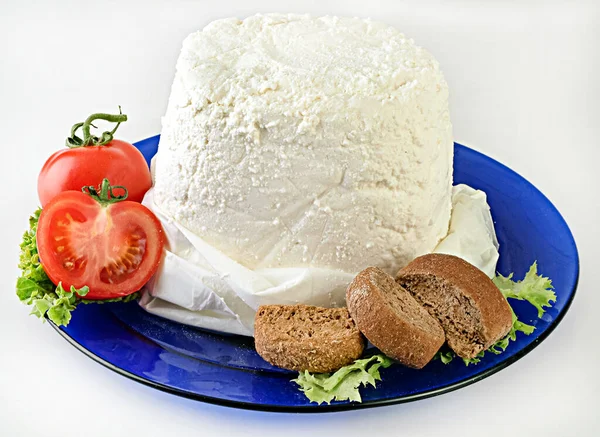 Traditional Greek White Soft Cheese Called Anthotyro Blue Plate — Stock Photo, Image