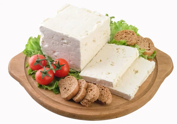 Tahtada Feta Peyniri Kırpma Yolu — Stok fotoğraf