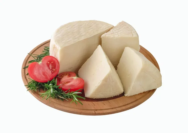 Queijo Feta Prato Madeira Natural Decorado Com Ervas Legumes — Fotografia de Stock