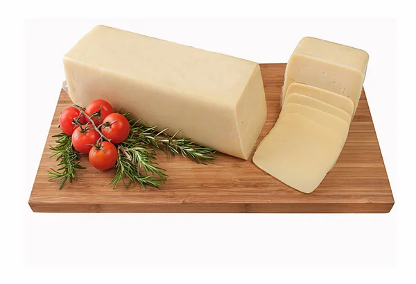 Feta Ost Naturlig Träplatta Dekorerad Med Örter Och Grönsaker — Stockfoto