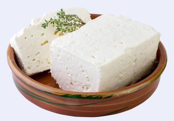 Formaggio Feta Piatto Tradizionale Ceramica Decorato Con Timo Percorso Ritaglio — Foto Stock