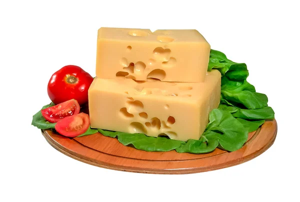 Zwei Große Stücke Emmentaler Käse Auf Einem Holzbrett — Stockfoto