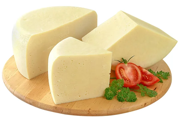 Brânză Grecească Graviera Platou Rotund Din Lemn Decorat Roșii Feliate — Fotografie, imagine de stoc