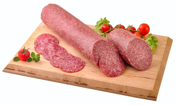 Salami Und Scheiben Auf Holzbrett Steilpfad — Stockfoto