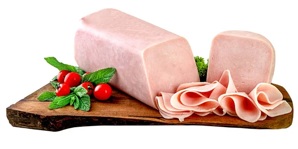 Tahtada dilimler olan jambon bloğu, kesme yolu..