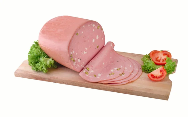 Hele Blok Mortadella Plakjes Houten Plank Knippad — Stockfoto