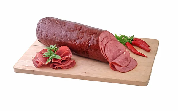 Salsicha Carne Preservada Javali Fatias Tábua Madeira Caminho Corte — Fotografia de Stock