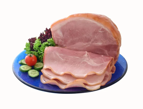 Blok Gerookte Ham Plakjes Blauwe Plaat Knippad — Stockfoto