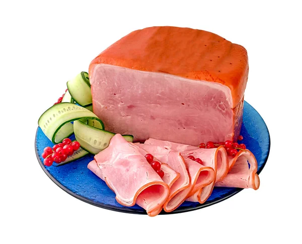 Blok Gerookte Ham Plakjes Een Blauwe Plaat Knippad — Stockfoto