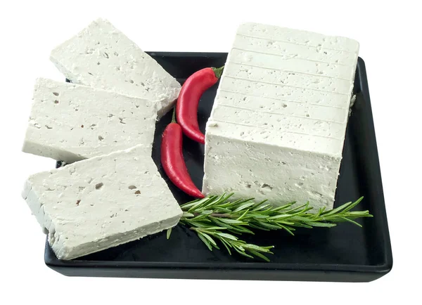 Sýr Feta Černém Talíři Dráha Střihu — Stock fotografie