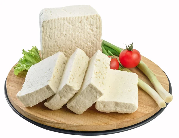 White Cheese Wooden Board Clipping Path — Stock Photo, Image