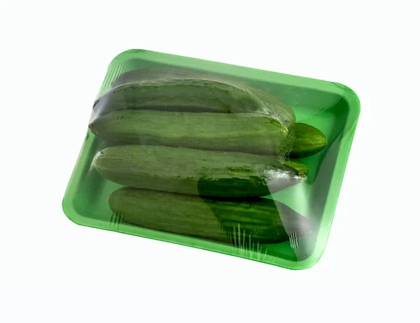 Package Cucumbers Paper Tray Covered Cling Film Clipping Path — Stock Photo, Image