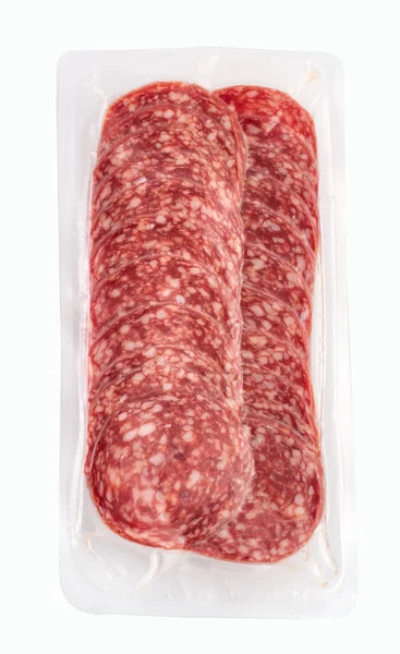 Verpackung Salami Speck Schinken Scheiben Isoliert Auf Weißem Hintergrund — Stockfoto