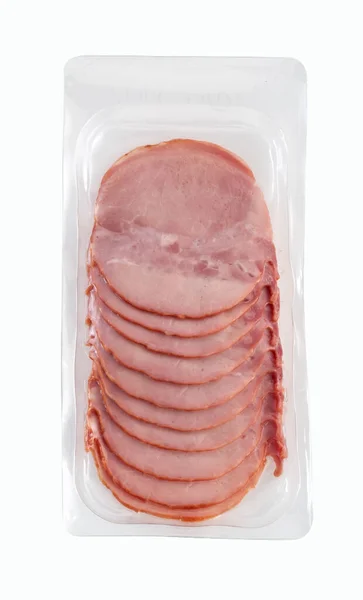 Gesneden Salami Spek Ham Verpakking Geïsoleerd Witte Achtergrond Knippad — Stockfoto