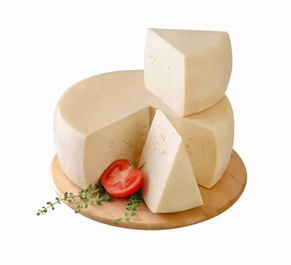 Bir Dilim Peynir Iki Büyük Parça Doğal Ahşap Tahta Kesme — Stok fotoğraf