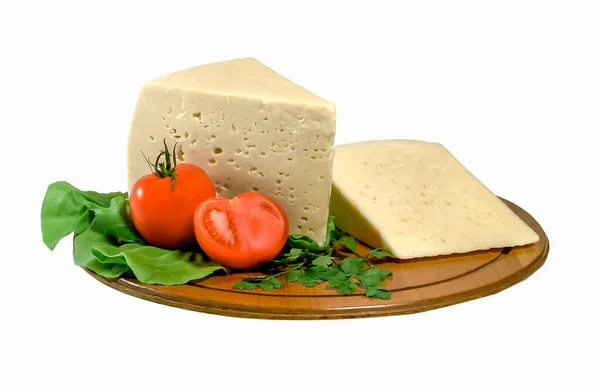 Traditional Greek Cheese Natural Wooden Board Clipping Path — Stock Photo, Image