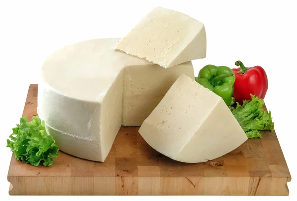 Block of cheese and slices on wooden board ,clipping path.