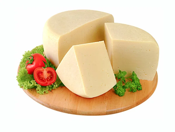 Block of cheese and slices on wooden board ,clipping path.