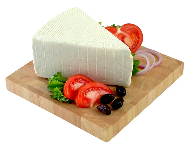 Triangular Piece Feta Cheese Wooden Board Clipping Path — Stock Photo, Image