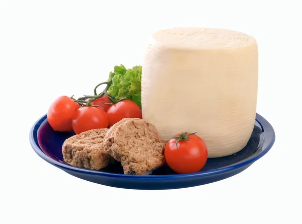 Traditional Greek Cheese Called Ladotyri Rusks Blue Plate Clipping Path — Stock Photo, Image