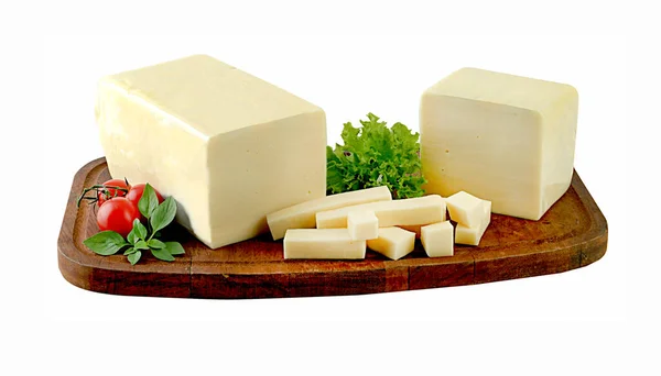 Bloque Queso Mozzarella Trozos Sobre Tabla Madera — Foto de Stock