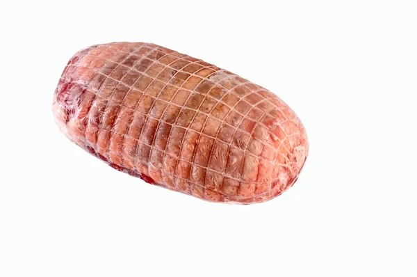 Roll Raw Stuffed Meat Wrapped Plastic Film Isolated Clipping Path — Stock Photo, Image