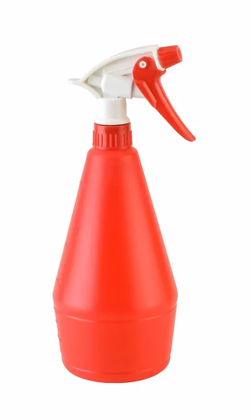 Bottiglia Plastica Rossa Spray Mano Isolato Percorso Ritaglio — Foto Stock