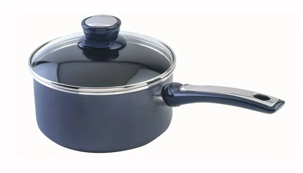 Blue Saucepan Glass Lid Clipping Path — Stock Photo, Image