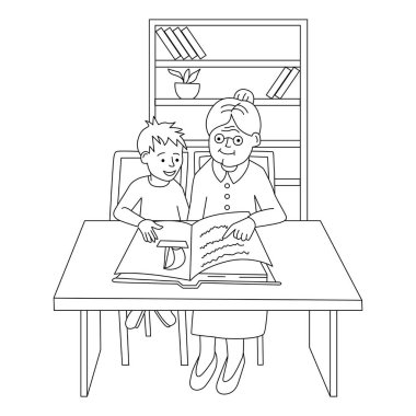 Büyükannesi torununa okumayı öğretiyor. Boyama sayfası. Basit Çizgi Resimleri.