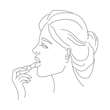 Profilde ruj süren bir kadının minimalist çizgisi çizimi. Zarif siyah beyaz taslak portre. Renkler, baskılar ve tasarım için modern moda güzellik konsepti..