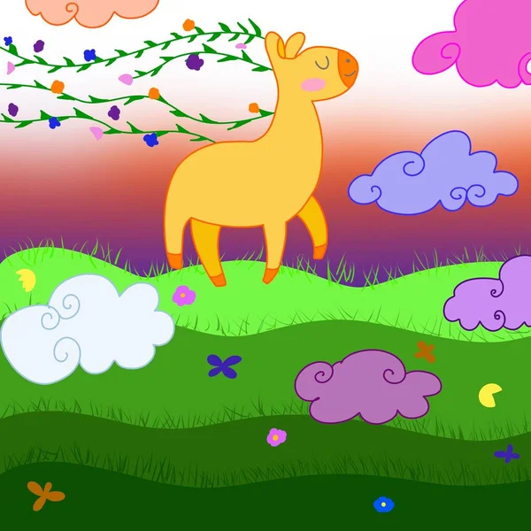 Deer Goby Walks Meadow Flowers Clouds Flat Illustration Children Book — Stock Photo, Image