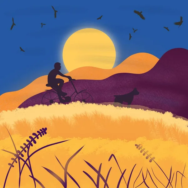 Tájkép Hegyekkel Fűvel Sivatag Emberekkel Állatokkal Esti Táj Könyvillusztrációkhoz — Stock Fotó