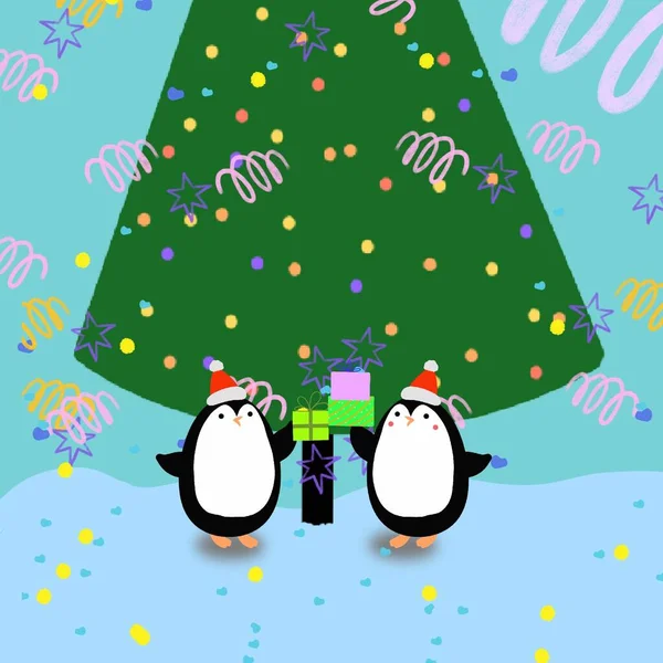 Pingüinos Año Nuevo Árbol Navidad Regalos Para Las Vacaciones —  Fotos de Stock