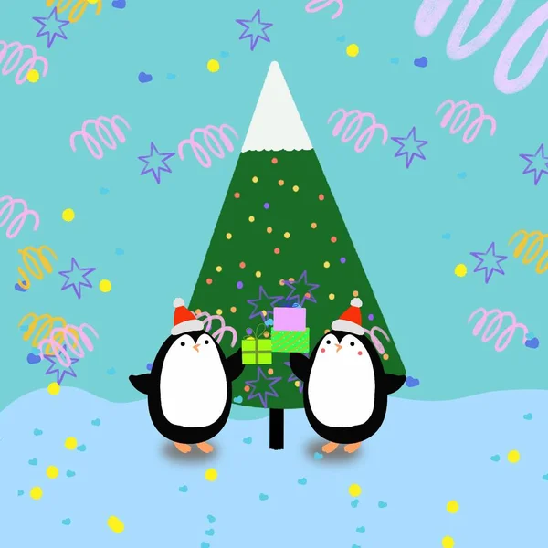New Year Penguins Christmas Tree Gifts Holiday — Stock Photo, Image