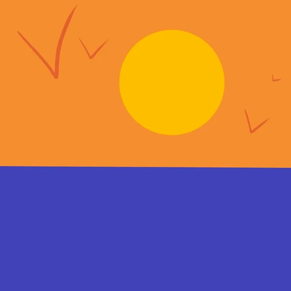 大きな灰色の月 曇った夏の夜 黄色の太陽 青い水 オレンジの空 幾何学 — ストック写真