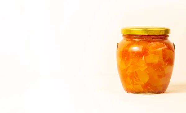 Glass jar with canned vegetables.On a white background located on the side — Stock Photo, Image