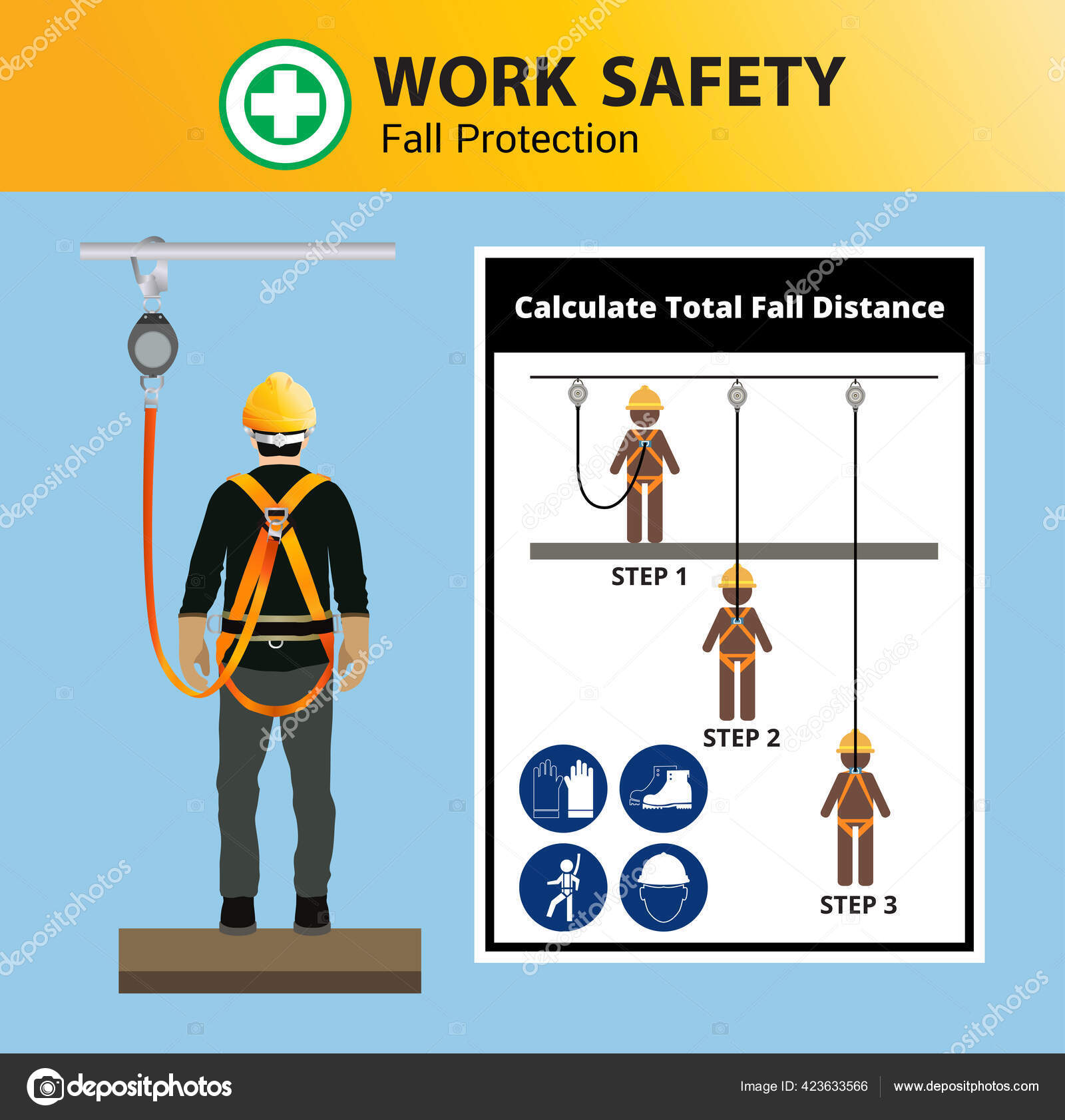 Fall Protection Construction Worker Safety First Vector Design Stock