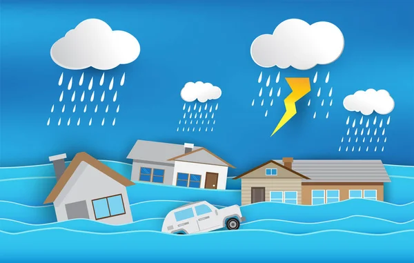 Überschwemmung Naturkatastrophe Mit Haus Starkregen Und Sturm Schäden Mit Haus — Stockvektor