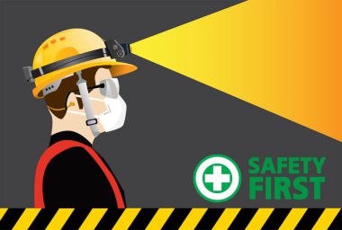safety equipment with Headlamp , construction concept, Yellow safety hard hat and Headlights . Vector illustration
