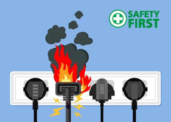 Βύσμα Ρεύματος Είναι Πλήρες Βραχυκύκλωμα Πυρκαγιά Σπιτιών Ασφάλεια Πρώτα Σχέδιο — Διανυσματικό Αρχείο