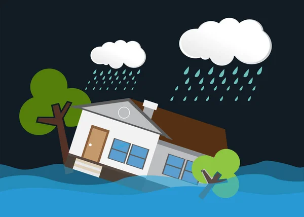 Inundación Desastre Natural Con Casa Fuerte Lluvia Tormenta Daños Con — Vector de stock