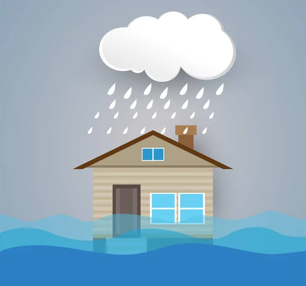 Flood natural disaster with house, heavy rain and storm , damage with home, clouds and rain, flooding water in city, Flooded house.