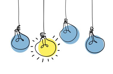 Beyaz arkaplanda parlayan ampuller, fikir konsepti ilham, başarı konsepti, lamba vektör tasarımı.