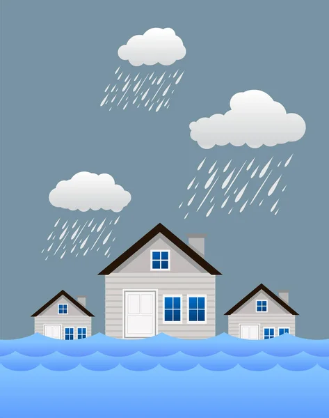 Inundación Desastre Natural Con Casa Fuertes Lluvias Tormentas Daños Con — Vector de stock