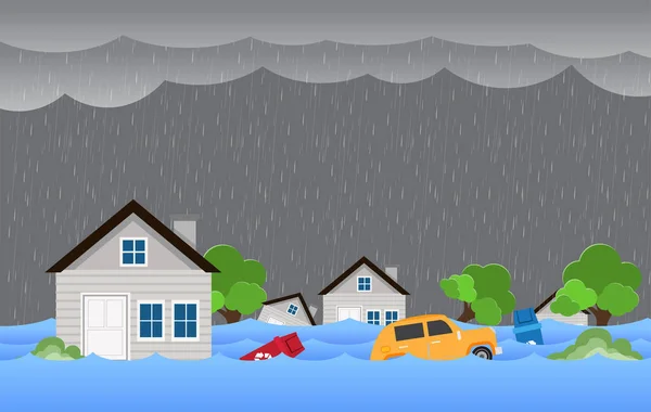 Flood natural disaster with house, heavy rain and storm , damage with home, flooding water in city