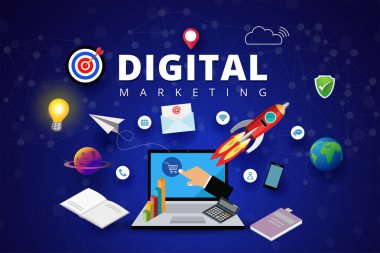 Dijital Pazarlama Konsepti, Başlangıç Projesi Çalışması, Bilgisayar ve İnternet İletişim, sosyal medya, vektör tasarımı.