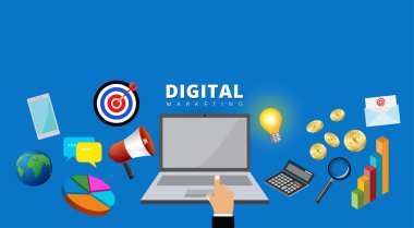 Dijital Pazarlama Konsepti, Başlangıç Projesi Çalışması, Bilgisayar ve İnternet İletişim, sosyal medya, vektör tasarımı.