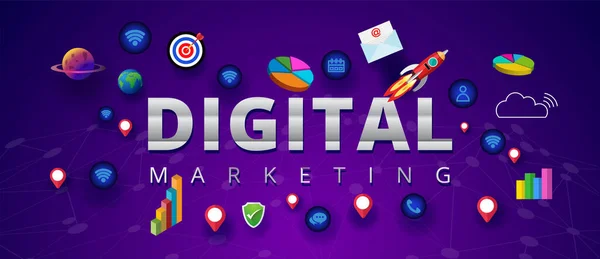 Digital Marketing Concept Startup Project Work Computer Internet Communication Social — Vettoriale Stock